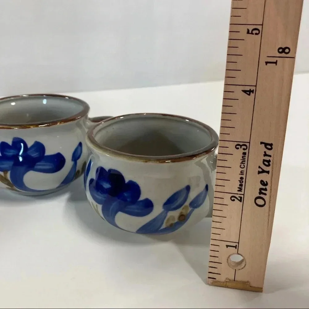 Hand painted Artisan Coffee Mugs Blue Floral Small Set of 4